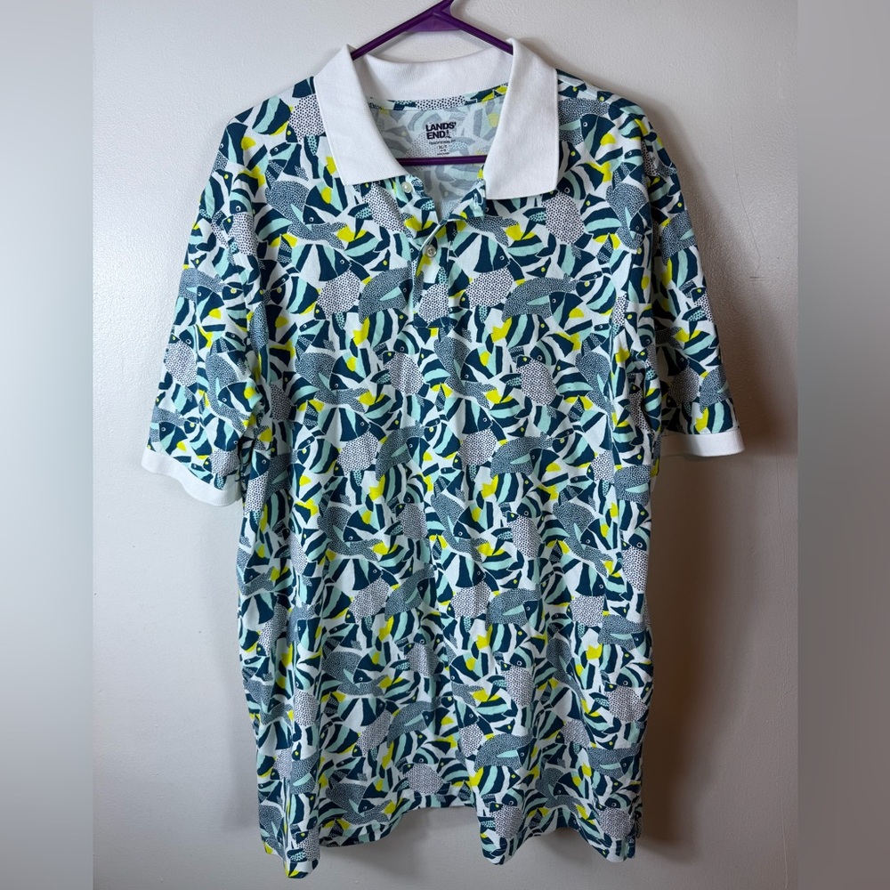 Lands End Mens Polo Shirt Tropical Fish Pattern XLT Traditional Fit‎ Blue White